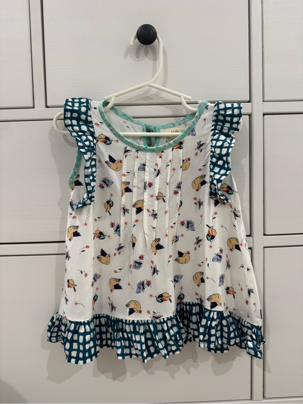 Matilda Jane White Blouse with Teal Check Ruffle and Bird Print